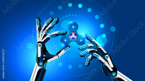Hand spinner toy in robot hands. the robot shows the fidget toy for increased focus, stress relief. Future blue background. VECTOR © AndSus