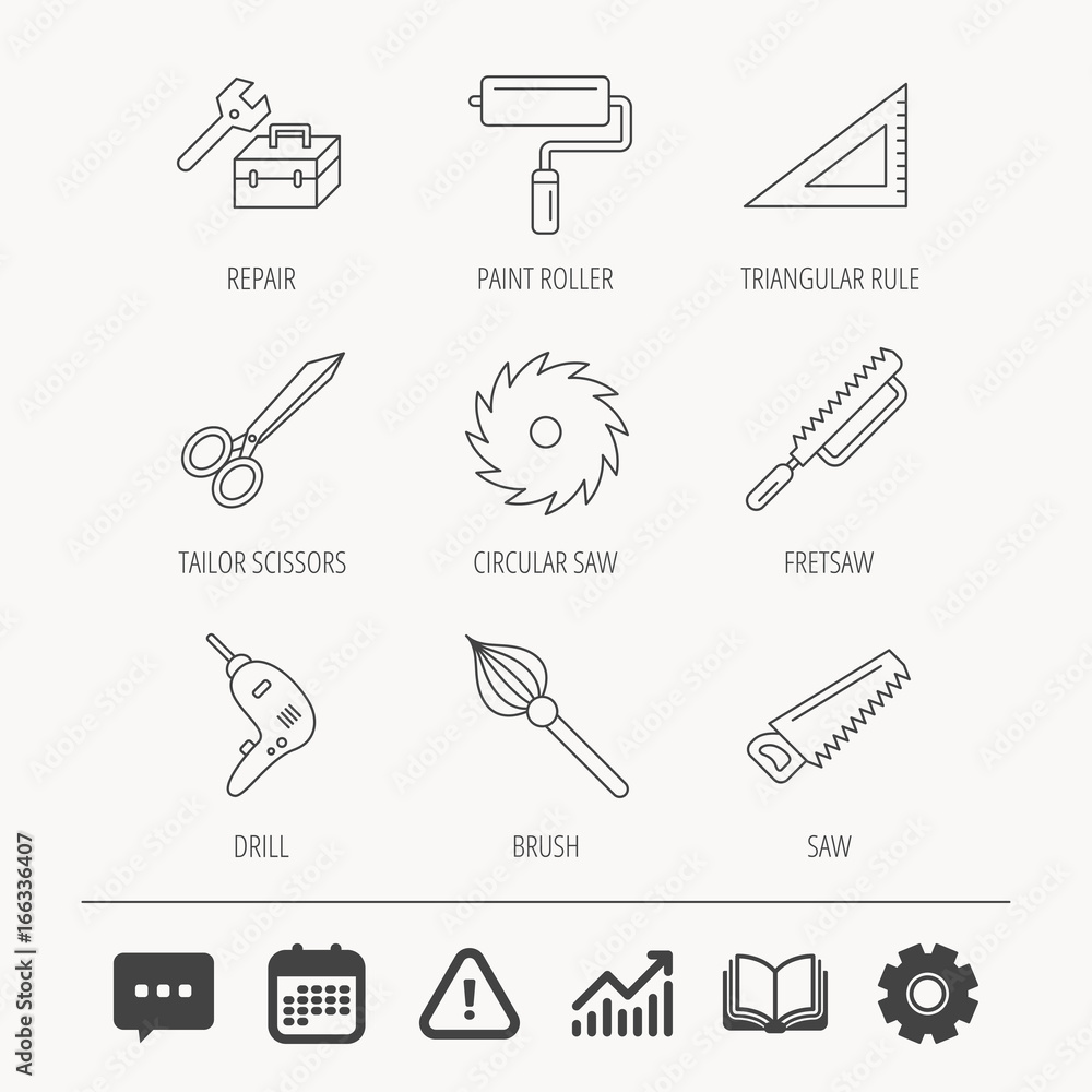 Scissors, paint roller and repair tools icons. Fretsaw, circular saw and brush linear signs. Triangular rule, drill icons. Education book, Graph chart and Chat signs. Vector Scissors, paint roller and repair tools icons. Fretsaw, circular saw and brush linear signs. Triangular rule, drill icons. Education book, Graph chart and Chat signs. Vector