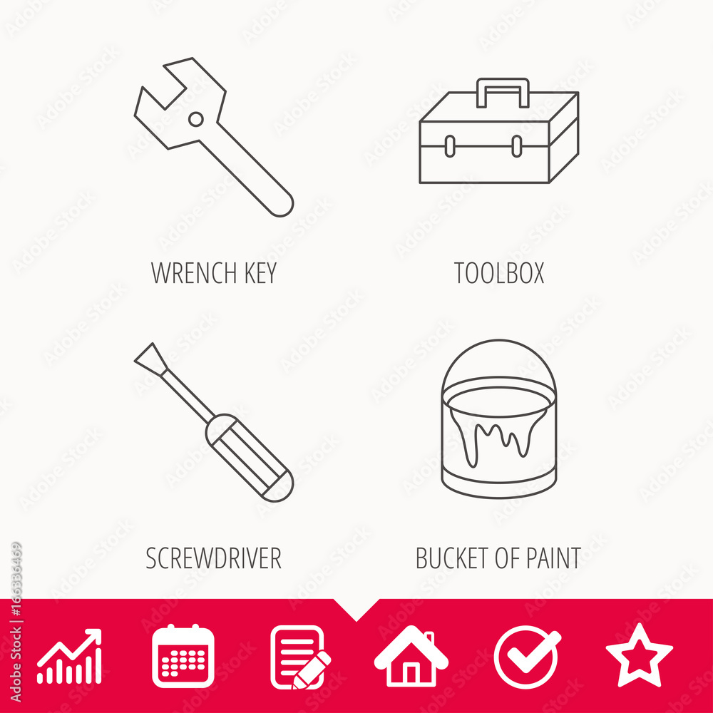 Wrench key, screwdriver and paint bucket icons. Toolbox linear sign. Edit document, Calendar and Graph chart signs. Star, Check and House web icons. Vector Wrench key, screwdriver and paint bucket icons. Toolbox linear sign. Edit document, Calendar and Graph chart signs. Star, Check and House web icons. Vector
