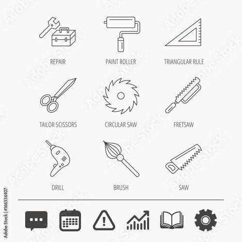 Scissors, paint roller and repair tools icons. Fretsaw, circular saw and brush linear signs. Triangular rule, drill icons. Education book, Graph chart and Chat signs. Vector