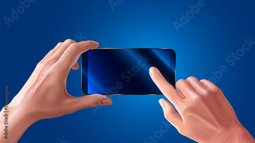 Hand holding mobile smart phone and touching screen on blue background, mock up black smartphone in hand. photography. landscape or horizontal view. VECTOR.