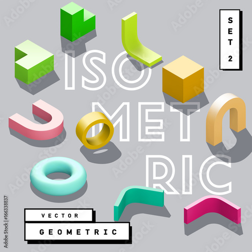 Abstract 3D geometric isometric vector shape set – torus, cube, tube, arch, angle.