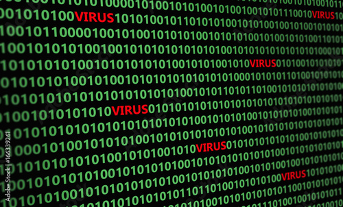 Closeup of binary code infected by computer virus.