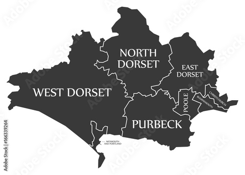 Dorset county England UK black map with white labels illustration