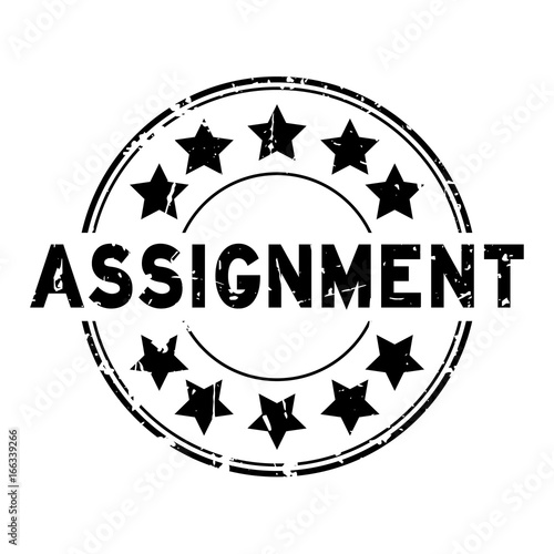 Grunge black assignment wording with star icon round rubber seal stamp on white background
