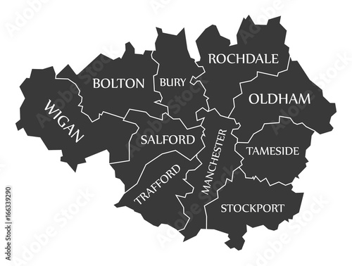 Greater Manchester metropolitan county England UK black map with white labels illustration
