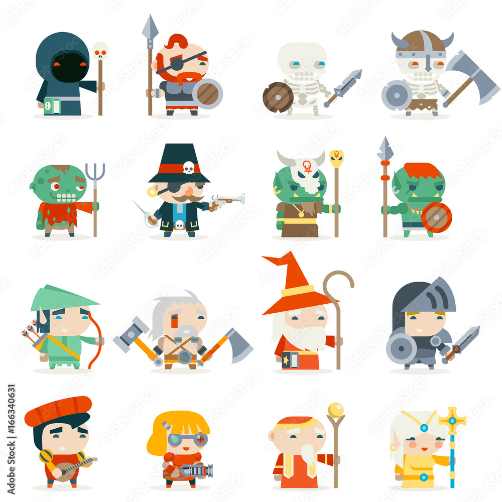 Fototapeta premium Fantasy RPG Game Heroes Villains Minions Character Vector Icons Set Flat Design Vector Illustration