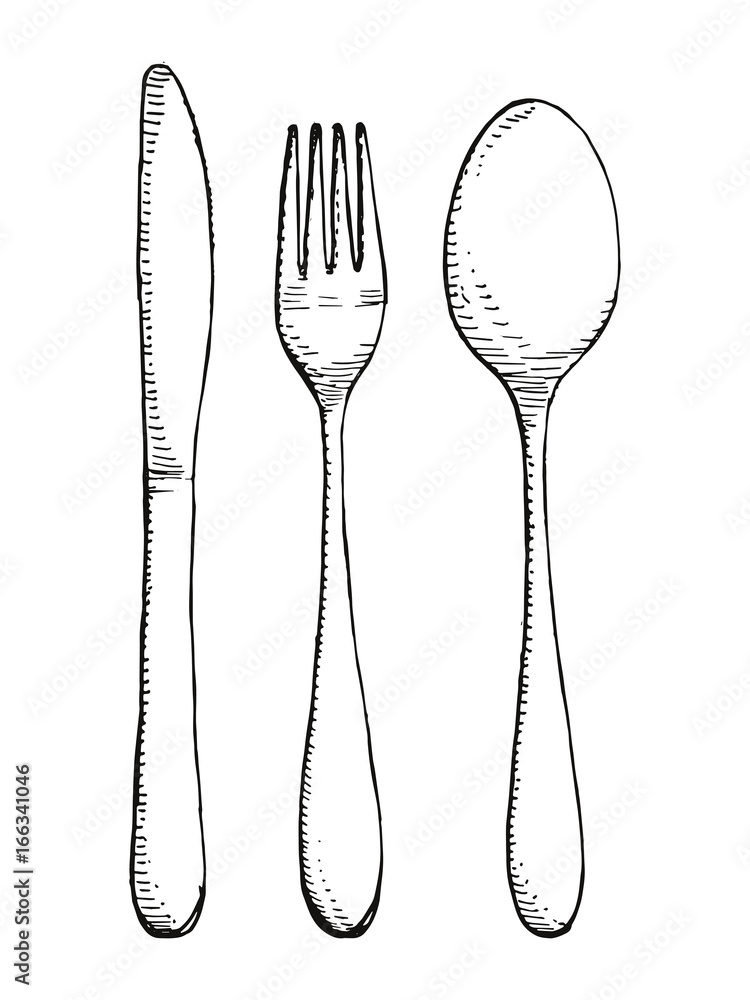 Naklejka widelec łyżka i nóż wektor zestaw na białym tle. Ilustracja  rysunek ręka sztućce #166341046 - Do kuchni - Naklejki | ecowall24.pl