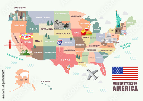 Map of the United States of America with Famous attractions