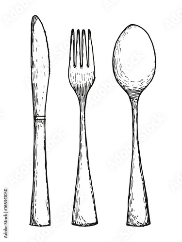 Fork spoon and knife vector set isolated. Cutlery hand drawing illustration on white background