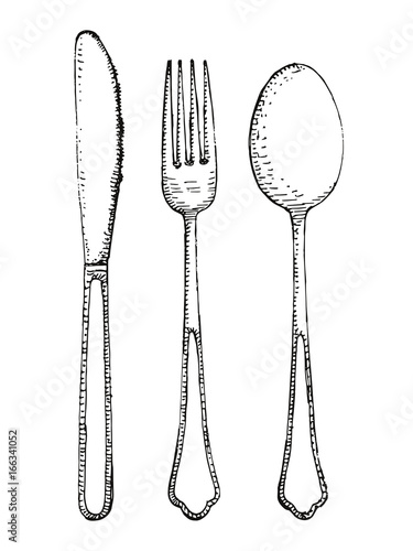 Fork spoon and knife vector set. Cutlery hand drawing illustration