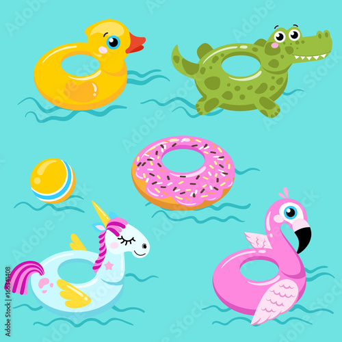 flamingo lifebuoys, duck, unicorn and crocodile lifebuoys on swimming pool background. Vector illustration