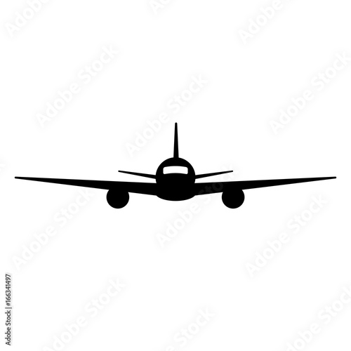 Black isolated silhouette of airplane on white background. Front view of aeroplane.