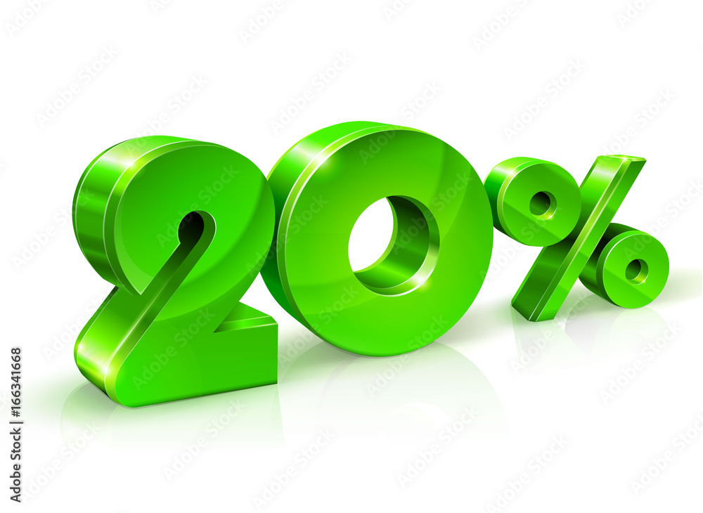Glossy green 20 Twenty percent off, sale. Isolated on white background, 3D object. Glossy green 20 Twenty percent off, sale. Isolated on white background, 3D object.