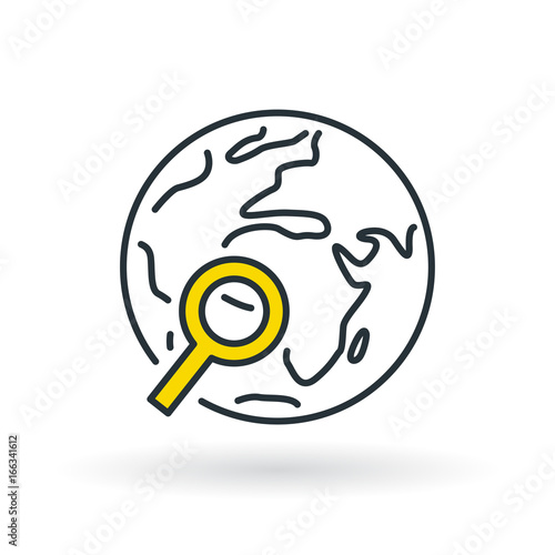 Simple dark blue world with yellow magnifying glass icon. Earth search sign. Thin line icon on white background. Vector illustration.