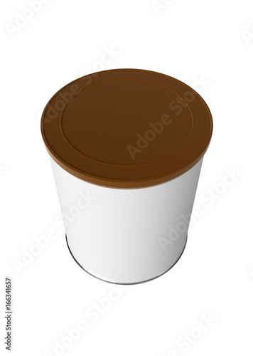 3D realistic render of Round white tin can with brown plastic lid, Container for tea, coffee, sugar, candy, food, spice or paint. Realistic packaging mock up template with clipping path.