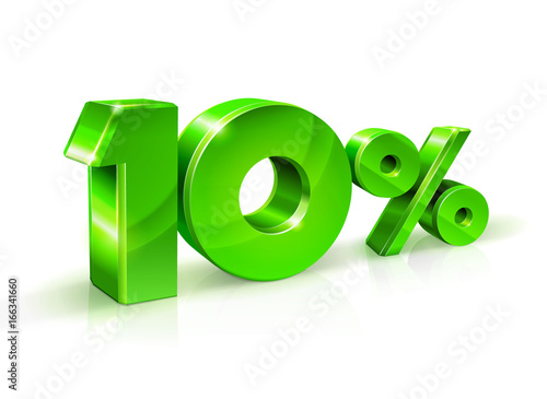 Glossy green 10 Ten percent off, sale. Isolated on white background, 3D object.