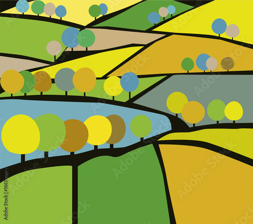 Vektor Illustration of village landscapes, field and trees agriculture. Impressions of ecological country side in flat design.