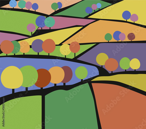 Vektor Illustration of village landscapes, field and trees agriculture. Impressions of ecological country side in flat design.