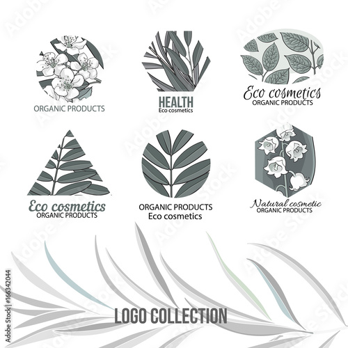Natural  eco cosmetics grey logo set with hand drawn  sketch style leaves and flowers  vector illustration on white background.