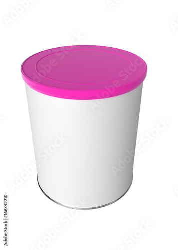 3D realistic render of Round white tin can with pink plastic lid, Container for tea, coffee, sugar, candy, food, spice or paint. Realistic packaging mock up template with clipping path.