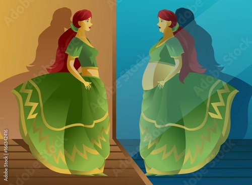 eating disorder anorexia skinny fit woman looking as an obese woman in the mirror