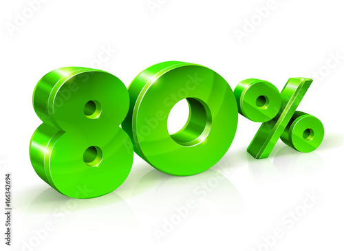 Glossy green 80 Eighty percent off, sale. Isolated on white background, 3D object.