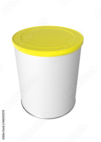 3D realistic render of Round white tin can with yellow plastic lid, Container for tea, coffee, sugar, candy, food, spice or paint. Realistic packaging mock up template with clipping path.