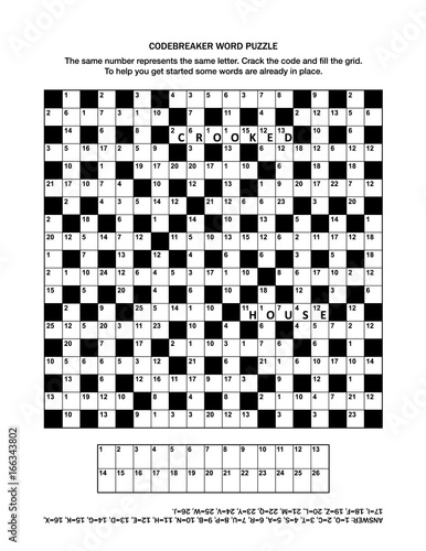 Puzzle page with codebreaker (or codeword, or code cracker) word game. Answer included. 