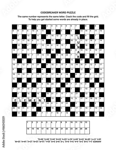 Puzzle page with codebreaker (or codeword, or code cracker) word game. Answer included.
