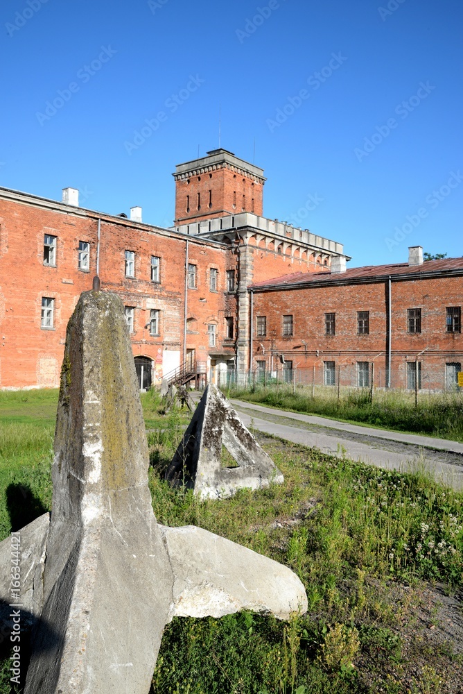 Historic fortress Modlin antitheft barrier and view of the observation tower
