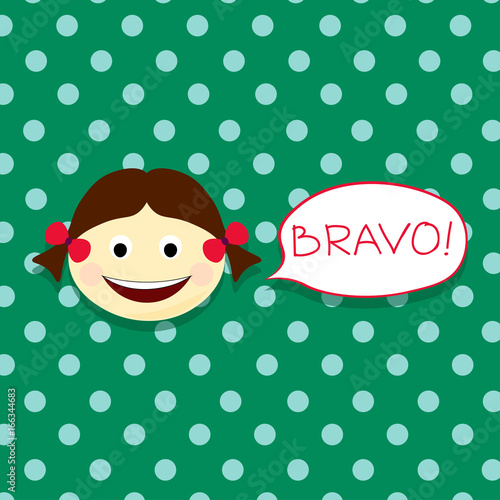 Kids face vector illustration. Vector Achievement school Labels. Emoji portrait with dots background and Bravo word
