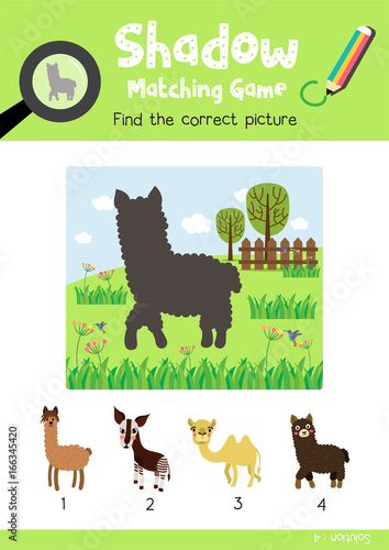 Shadow matching game by finding the correct picture of dark brown alpaca animals for preschool kids activity worksheet colorful printable version layout in A4 vector illustration.