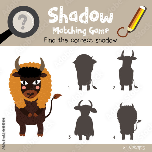 Shadow matching game of Standing Bison animals for preschool kids activity worksheet colorful version. Vector Illustration.