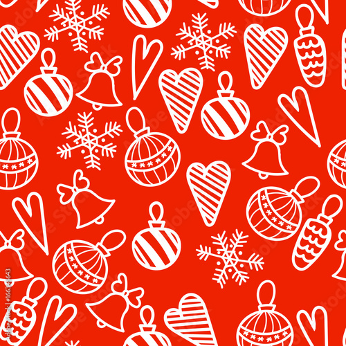 Seamless Christmas pattern. Bells, decorations,snowflakes, hearts