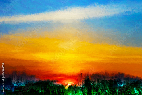 Vibrant sunset landscape illustration background © spacedrone808