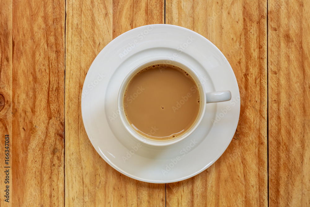 Coffee cup on wooden table, Top view. Coffee cup on wooden table, Top view.
