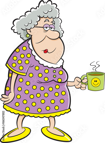 Cartoon illustration of an old lady holding a coffee mug.