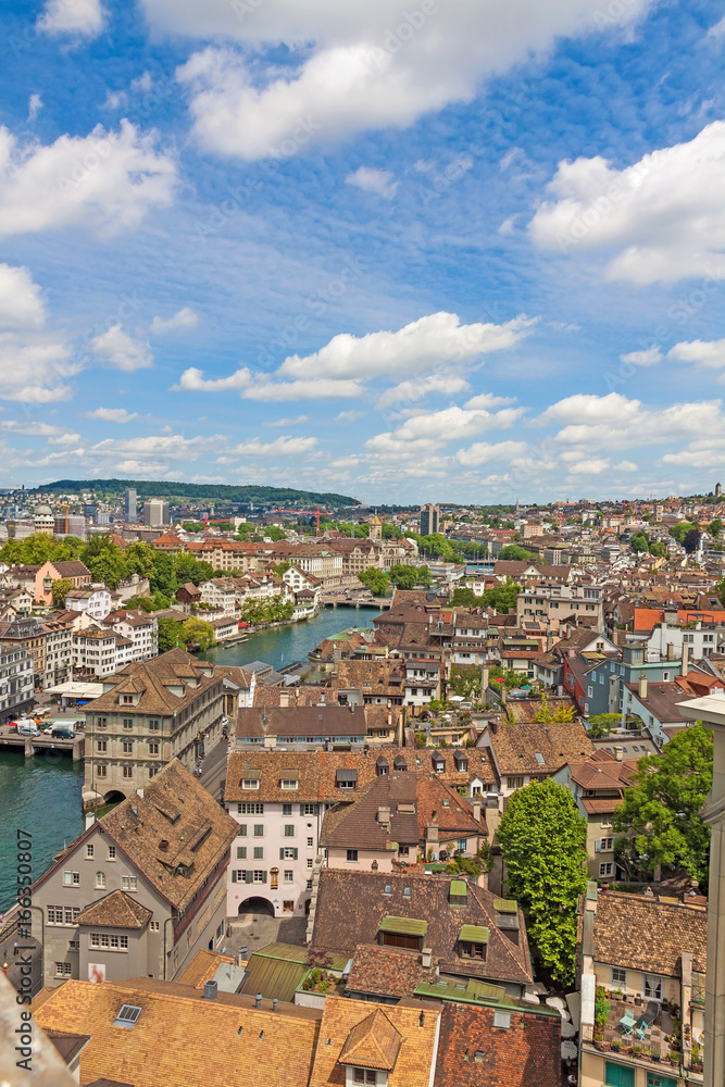 View over Zurich, old traditional houses downtown near river limat