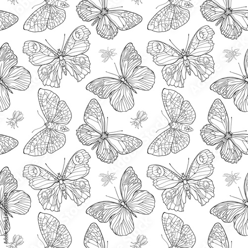 Butterflies. Seamless pattern, background. Outline hand drawing coloring page for adult coloring book. Stock line vector illustration. 