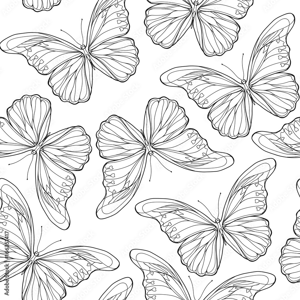 Butterflies. Seamless pattern, background. Outline hand drawing coloring page for adult coloring book. Stock line vector illustration.
Butterflies. Seamless pattern, background. Outline hand drawing coloring page for adult coloring book. Stock line vector illustration.
