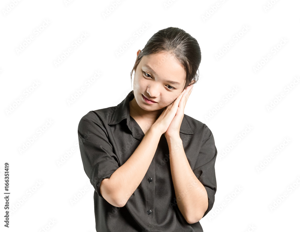 Portrait of a beautiful asian business woman showing hands for sleeping. Isolated on white background with copy space and clipping path Portrait of a beautiful asian business woman showing hands for sleeping. Isolated on white background with copy space and clipping path