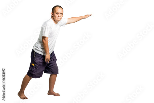Portrait of a happy mature man raise his arm to above for showing space. Isolated full length on white background with copy space