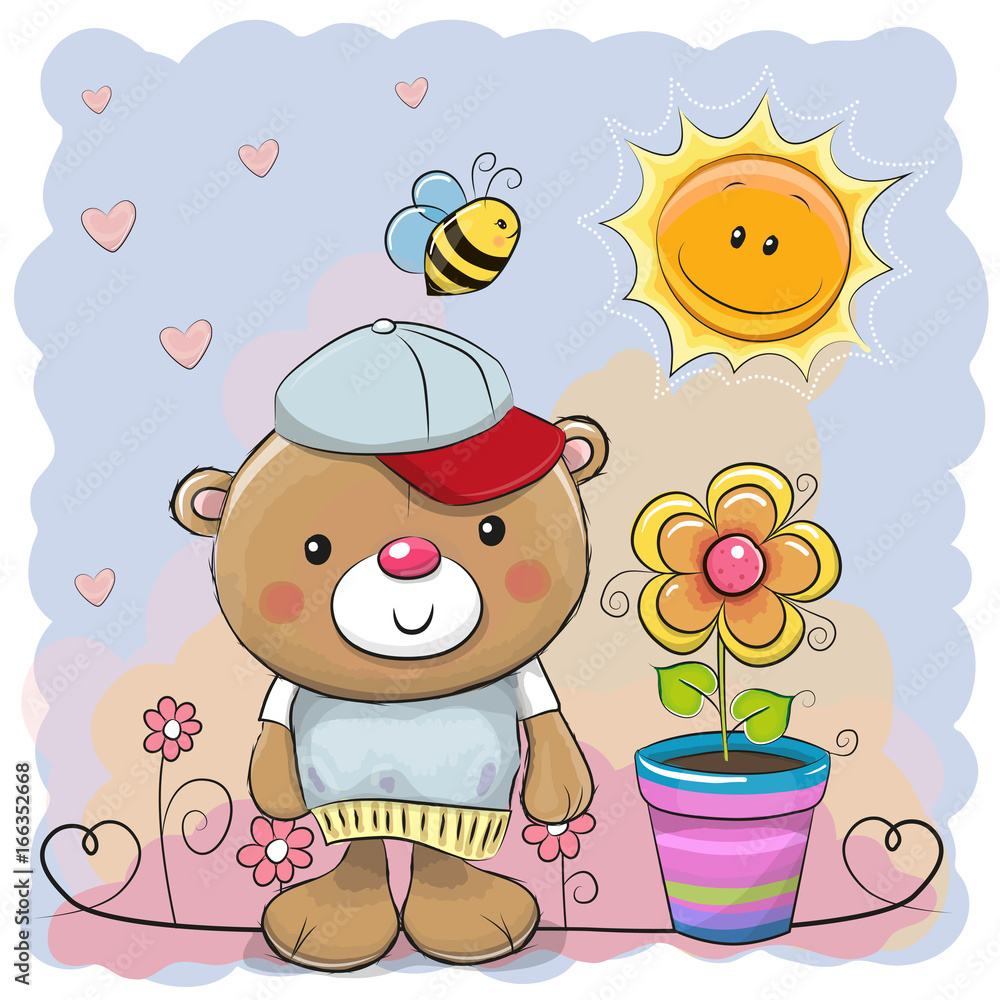 Naklejka premium Cute cartoon Teddy bear with flower