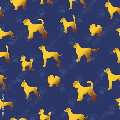 Seamless pattern with yellow gold dogs on dark blue background with paws. Different breeds.