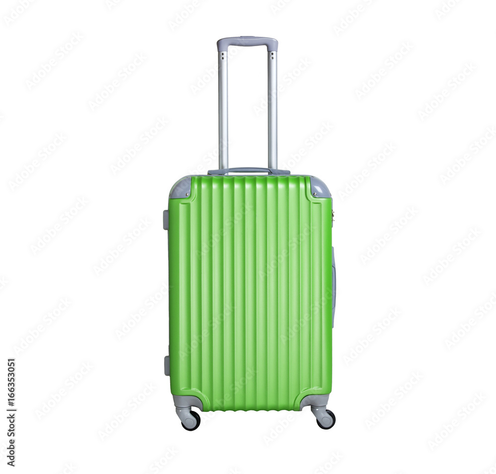 Green suitcase isolated on white background. Polycarbonate suitcase isolated on white.