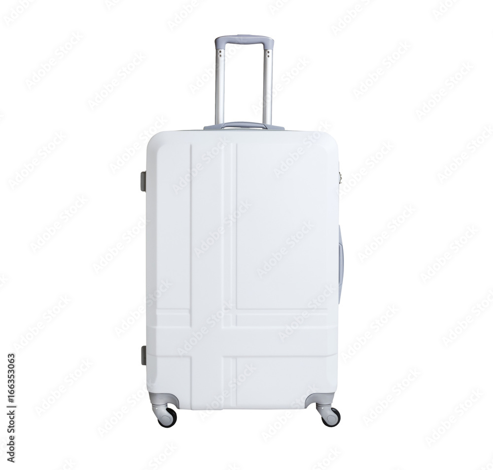 White suitcase isolated on white background. Polycarbonate suitcase isolated on white. White suitcase