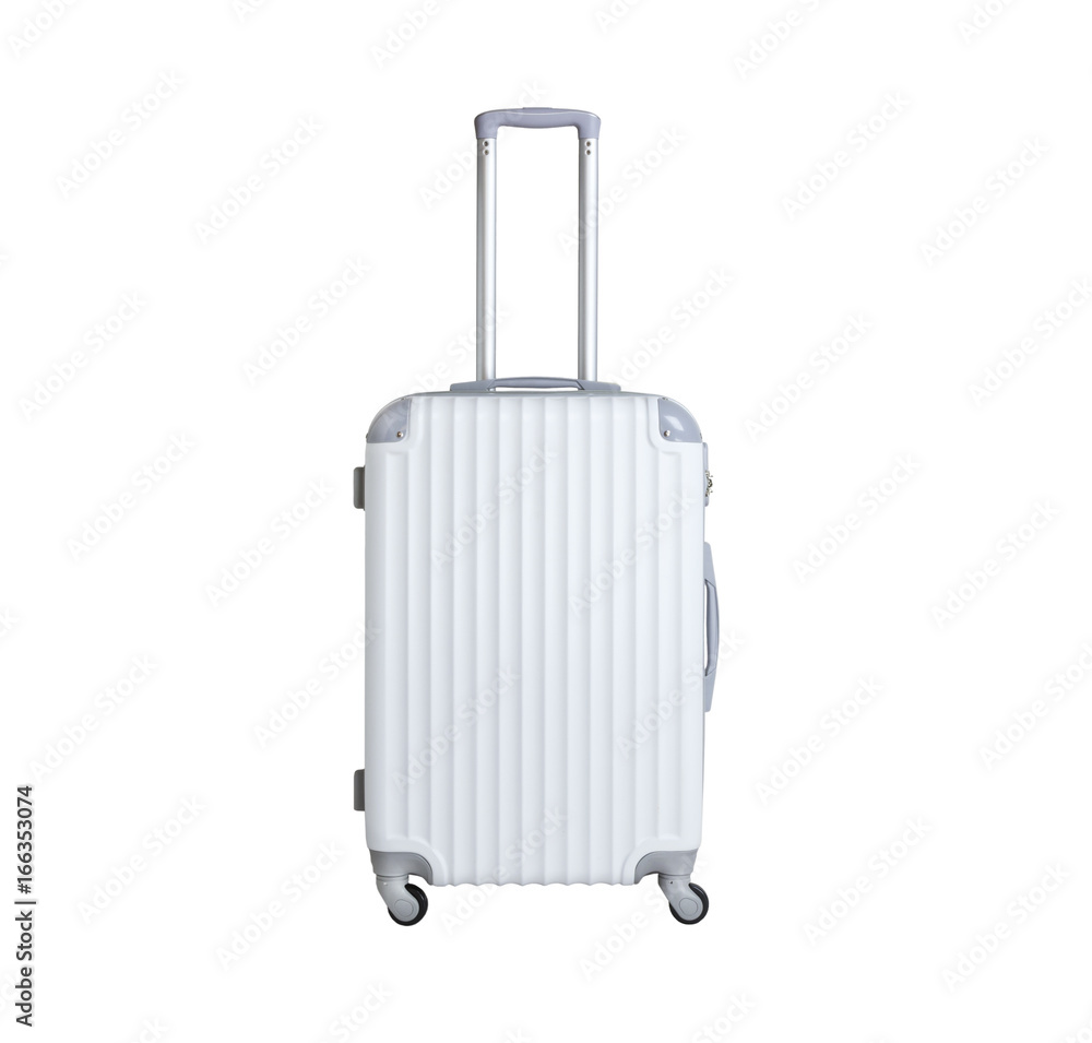 White suitcase isolated on white background. Polycarbonate suitcase isolated on white. White suitcase
