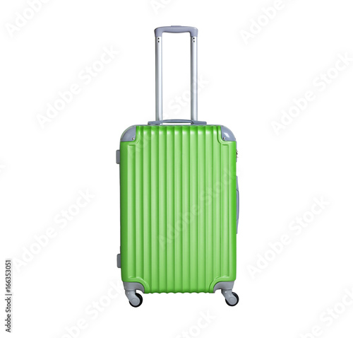 Obraz na płótnie Green suitcase isolated on white background. Polycarbonate suitcase isolated on white. w salonie