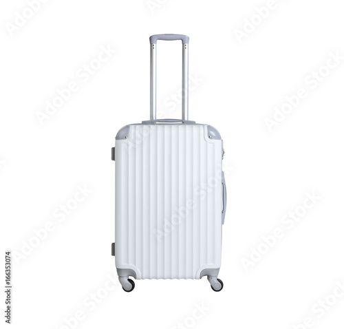 Obraz na płótnie White suitcase isolated on white background. Polycarbonate suitcase isolated on white. White suitcase w salonie